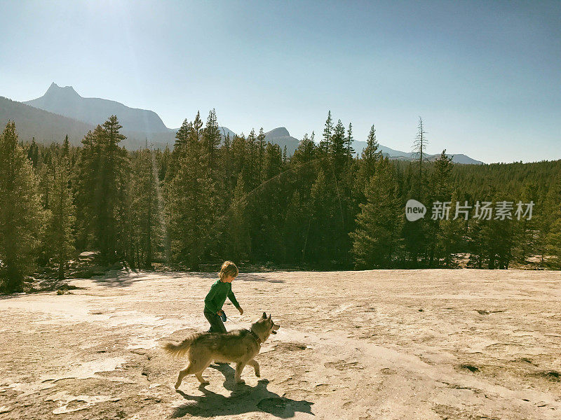 孩子们带着他的狗在优胜美地国家公园徒步旅行和爬山