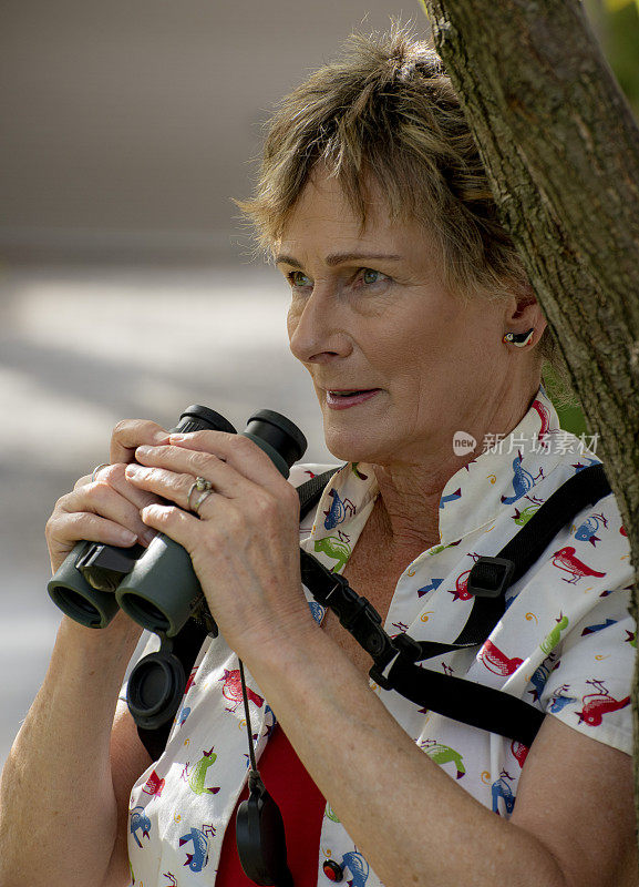 成熟的女人用双筒望远镜观鸟。