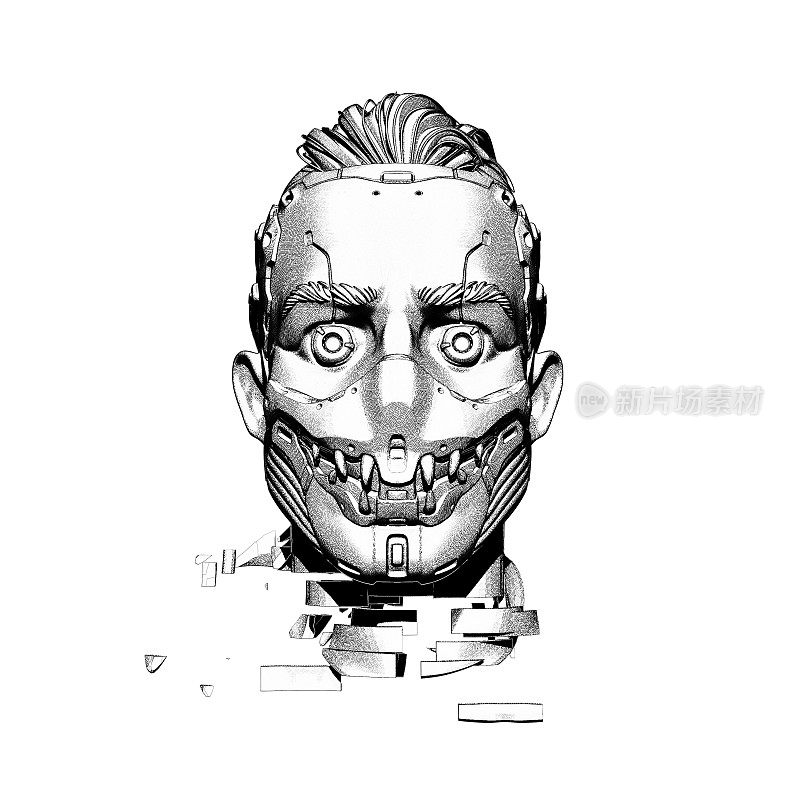 超现实数字插图的半机械人头在未来可怕的面具与牙齿。