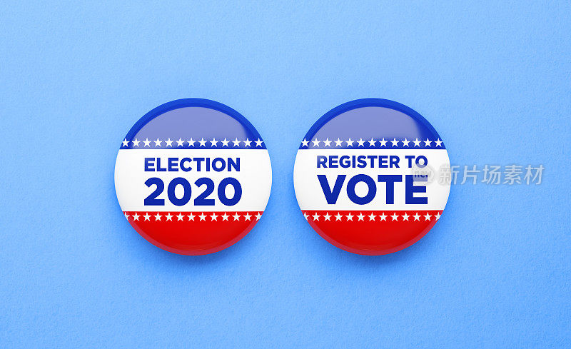 登记投票和选举2020书写徽章对坐在蓝色背景