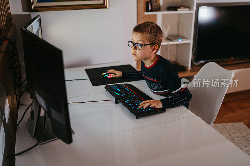 男孩在家里玩电脑游戏