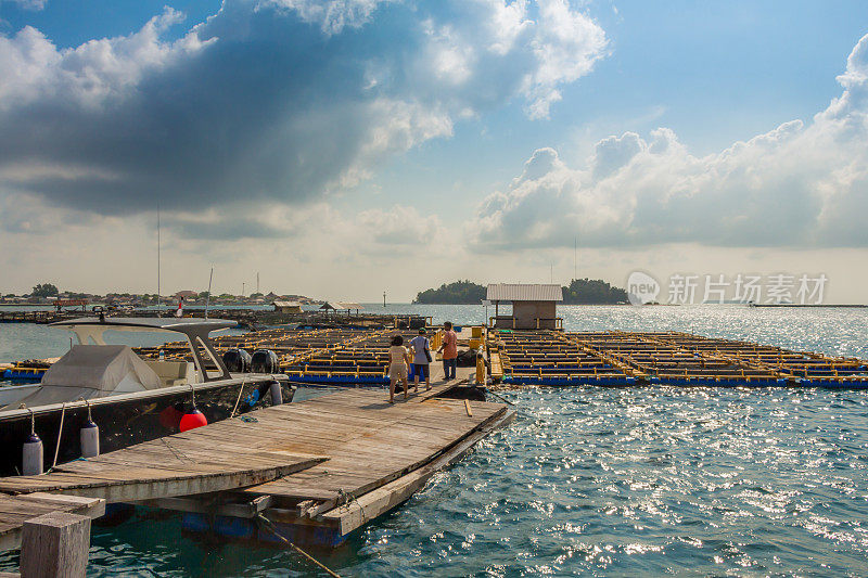 一个阳光明媚的下午，印尼千岛上的帕穆卡岛的一个养鱼场