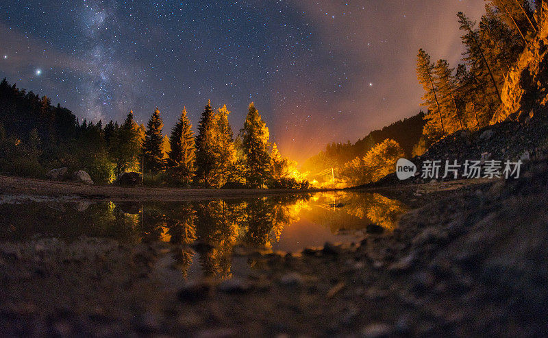 低角度的观点，在塞尔维亚的荒野地区的夜空的风景山景