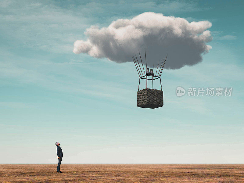 人抬头看云气球。志向和不同的心态观念。这是一个3d渲染图。