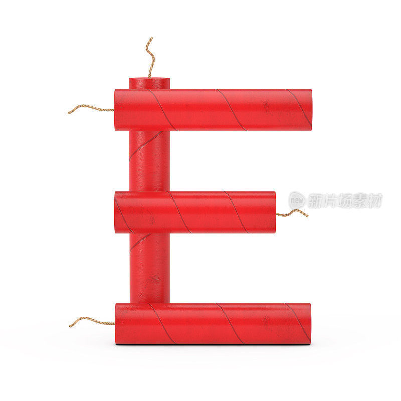 字母E作为炸药棍棒字母表集合。3d渲染