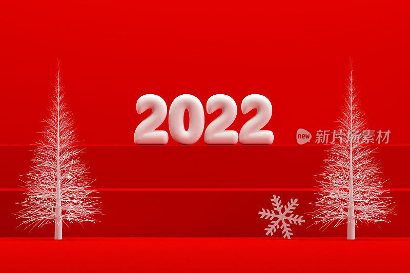 2022年圣诞新年概念，红色背景，楼梯站讲台