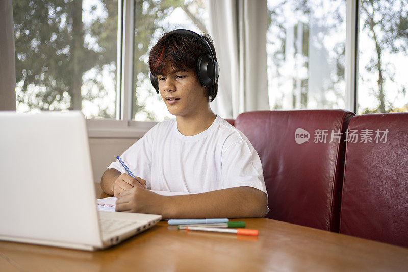 十几岁的男孩在家学习和远程学习。