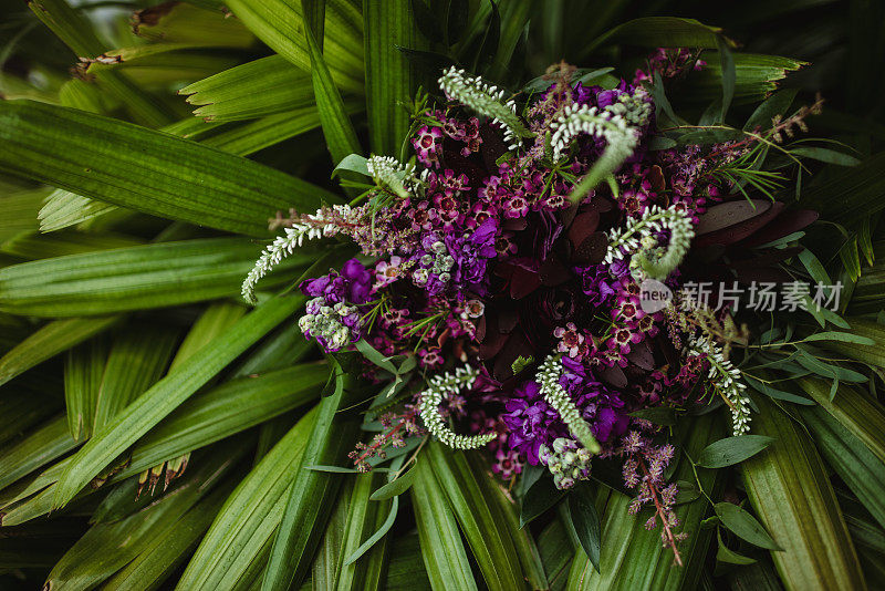 婚礼花束在紫色的绿色背景