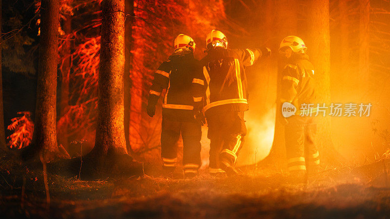三名志愿消防员带着安全装备和制服包围了熊熊燃烧的森林大火，直到火势完全失控。消防员应对紧急情况和防止灾难。