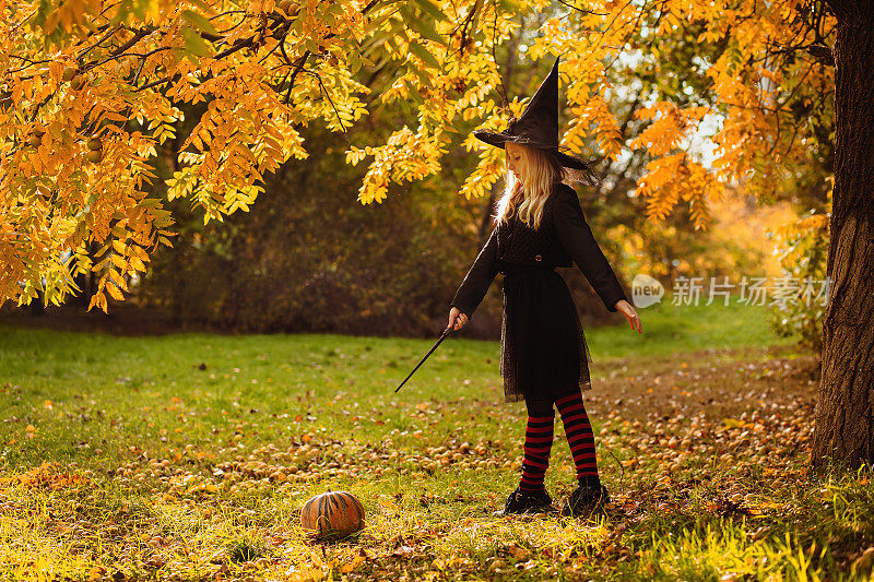 一个穿着女巫服装的女孩念了一个咒语，用魔杖给南瓜施了魔法