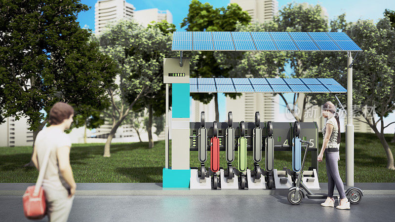 电动滑板车在装有太阳能板的充电站或分配器中充电。可持续的未来旅游理念