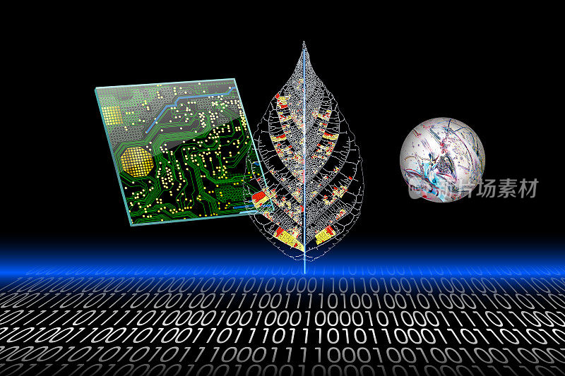 电子电路，投影在一个透明的电脑平板上，和静脉二进制代码。细胞和分子是漂浮的。