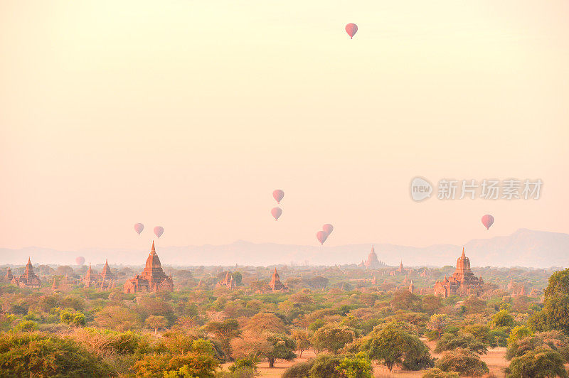 缅甸蒲甘的日出美景和许多热气球。蒲甘是一座拥有数千座历史悠久的佛教寺庙和佛塔的古城。