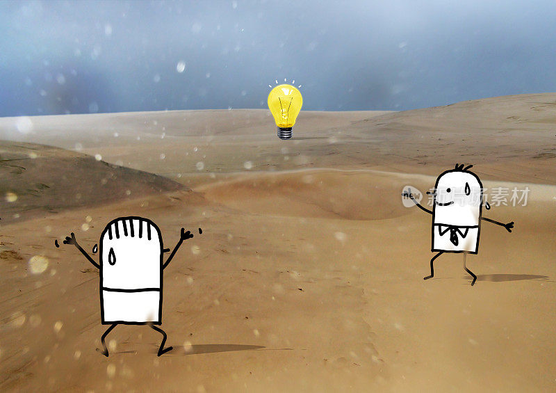 卡通人物迷失在一片荒凉的沙漠里看到一个黄色的灯泡很开心