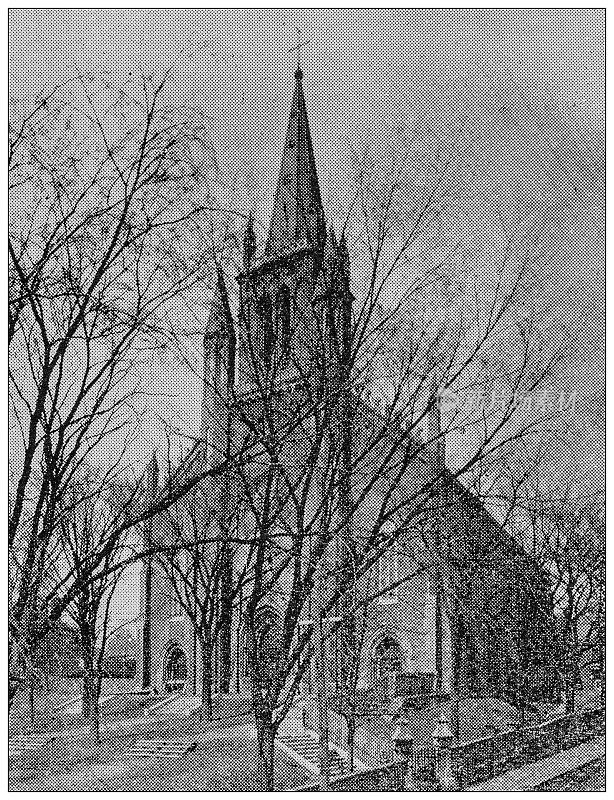 加拿大蒙特利尔的古老黑白照片:圣帕特里克教堂