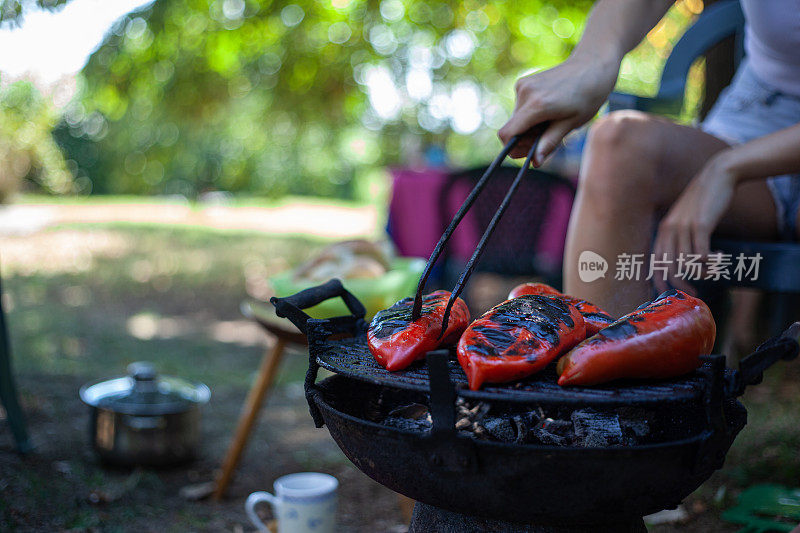 大家庭在后院享受准备烧烤的乐趣