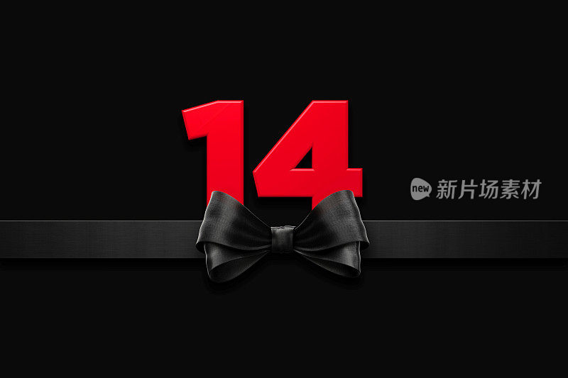 情人节概念-红色数字14坐在黑丝带后面，黑色背景