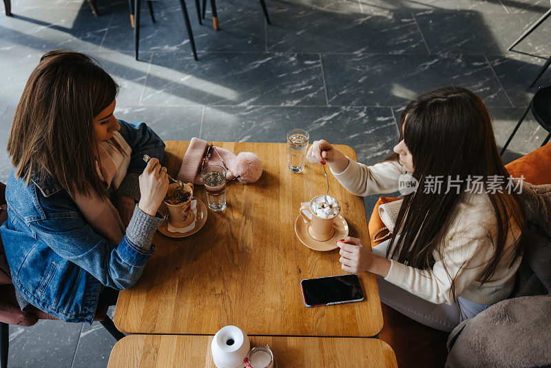 两个年轻的女性朋友有乐趣在咖啡时间在咖啡馆