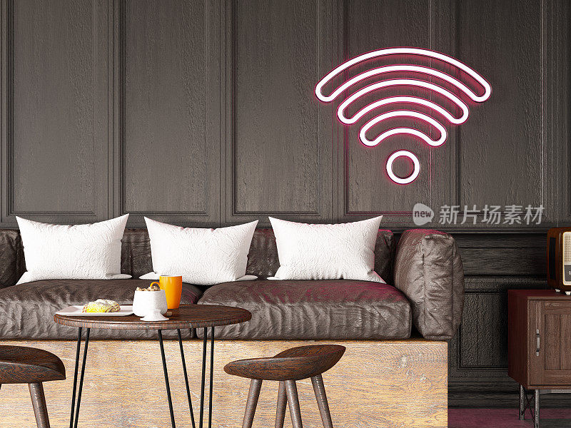 咖啡馆墙上的霓虹灯Wi-Fi标志