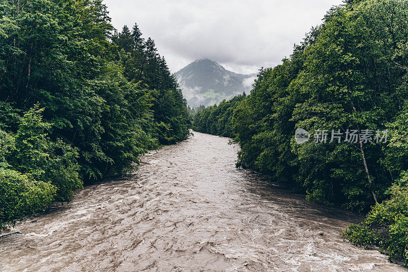 在春天，山河流经郁郁葱葱的山谷