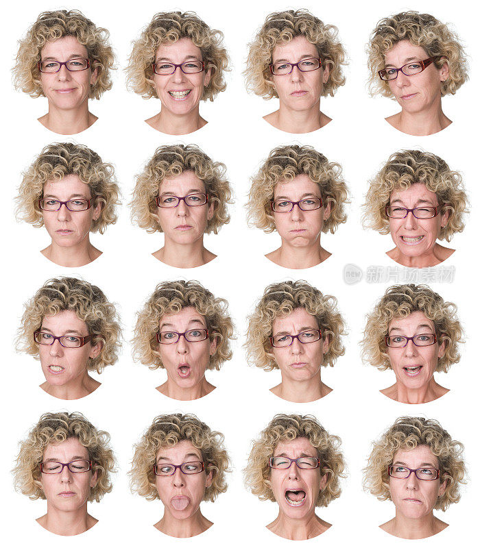 女人与长卷发和眼镜收集的表情