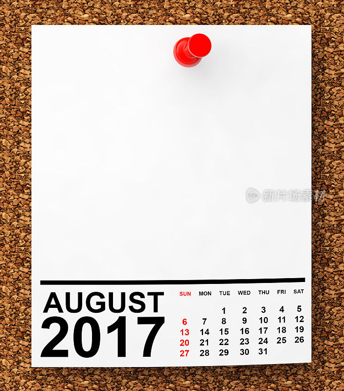 2017年8月的日历。三维渲染
