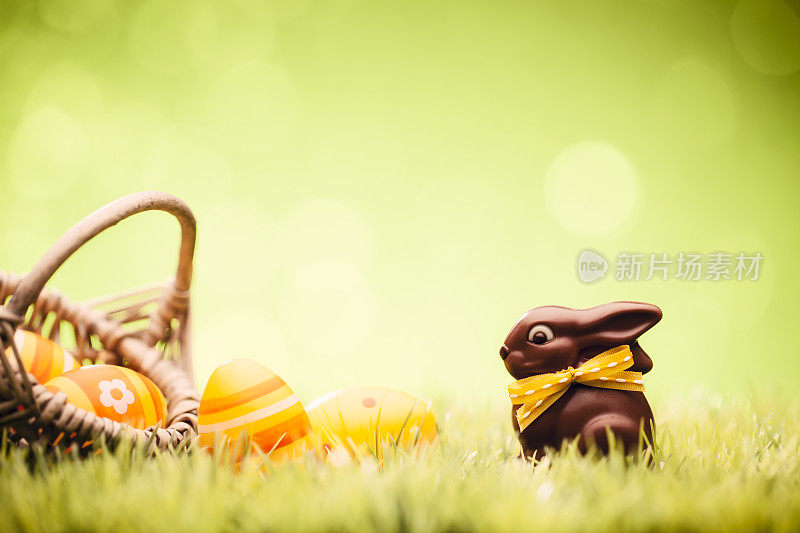 复活节彩蛋和兔子-绿草散焦散焦背景