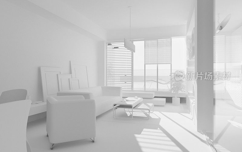 现代空间的白色3D渲染。公寓内部。体系结构抽象。