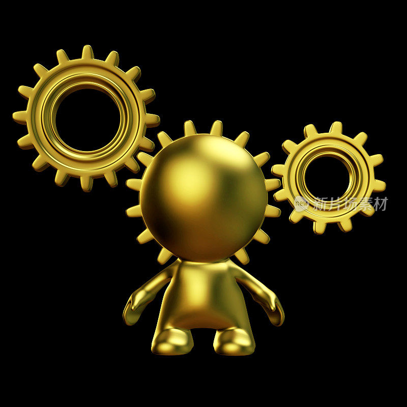 金色人类的头是齿轮系统的一部分(黑色背景上的3d插图)