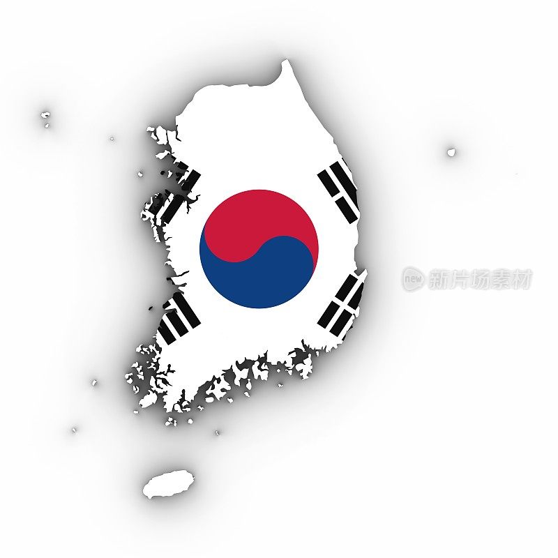 韩国地图轮廓与韩国国旗在白色与阴影3D插图