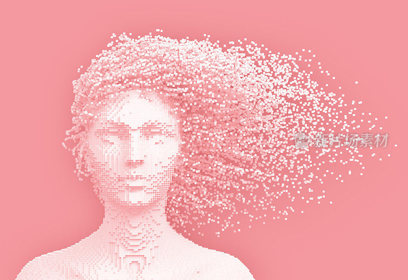 粉色像素女人的头和3D像素作为头发