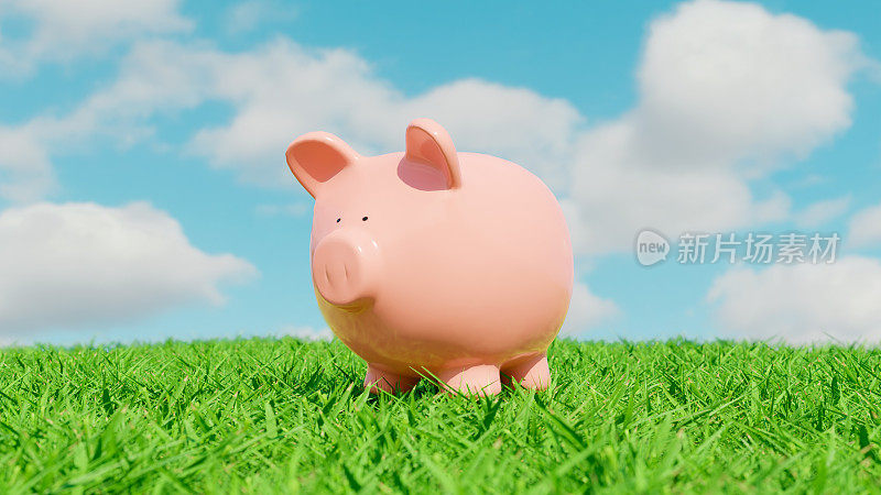 粉红色的小猪存钱罐站在绿色的草地上，阳光普照