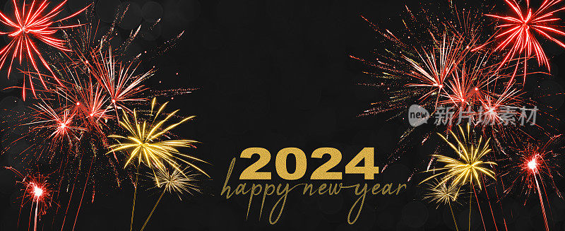 2024年新年快乐-喜庆银白色除夕晚会背景全景贺卡横幅长-金色的红色烟花在漆黑的夜晚