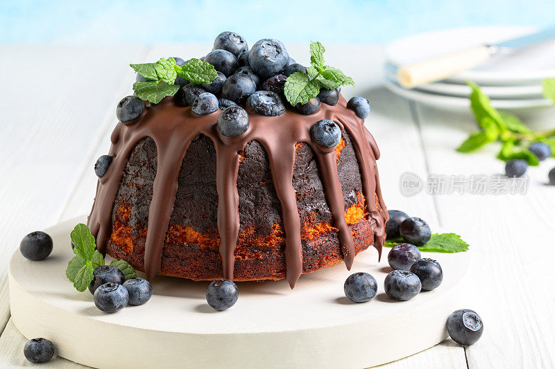 大理石蛋糕与巧克力糖霜和蓝莓。