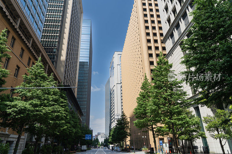 东京丸之内的高层建筑之间的道路