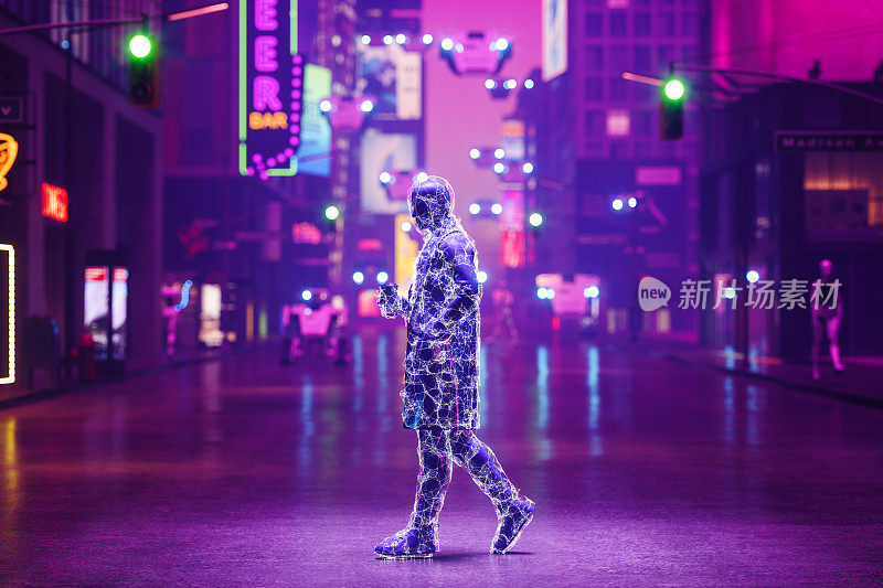 虚拟世界赛博朋克风格的城市，人造人走在街上，霓虹灯在建筑外，飞行汽车和无人机