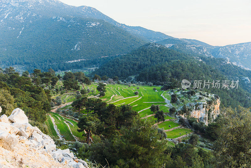 鸟瞰图的绿色梯田和山在土耳其风景秀丽的日落