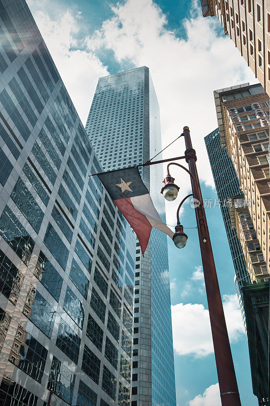 休斯顿金融区摩天大楼，美国德州国旗