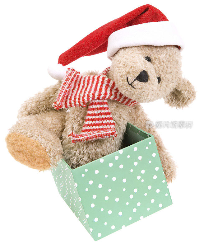 圣诞泰迪熊爬出礼品盒