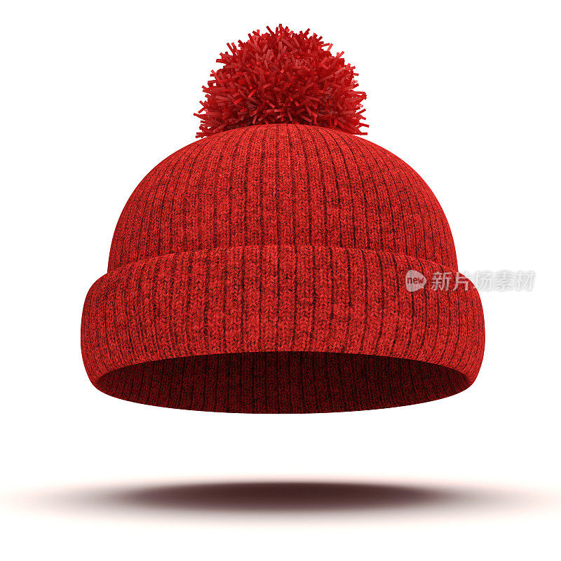 3d红色针织冬季帽在白色的背景