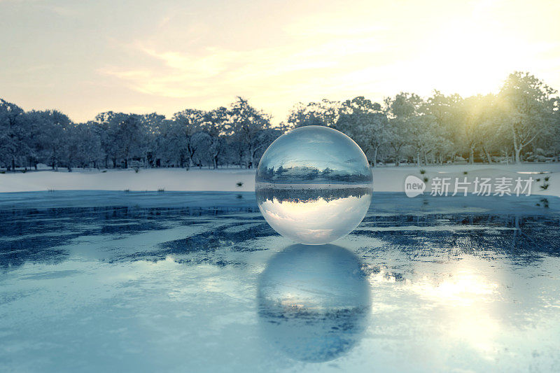 在结冰的湖上的水晶球的3d渲染