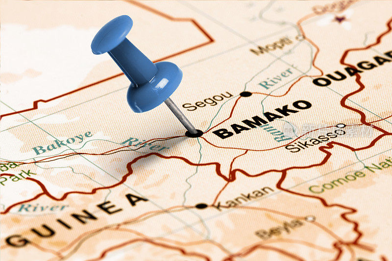 巴马科位置。地图上的蓝色大头针。