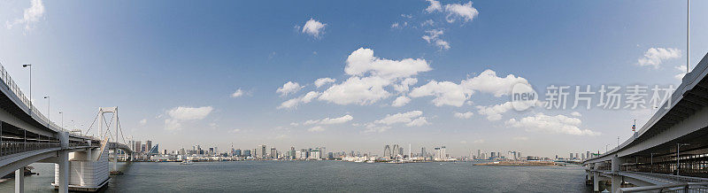 东京湾彩虹桥滨水城市景观市中心摩天大楼全景日本