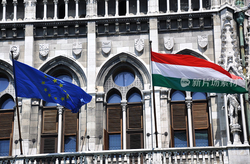 欧洲和匈牙利国旗悬挂在议会大楼上