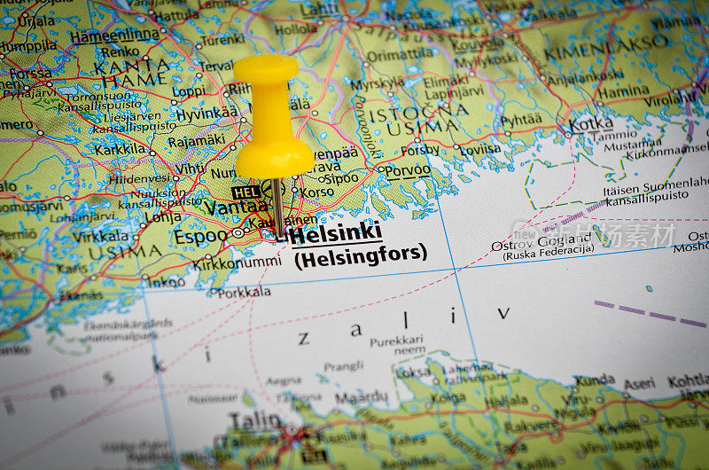 目的地赫克辛基，芬兰在地理地图上的近距离图像