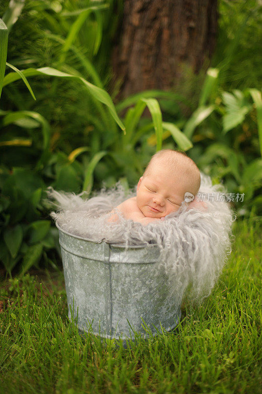 新生儿睡在桶外