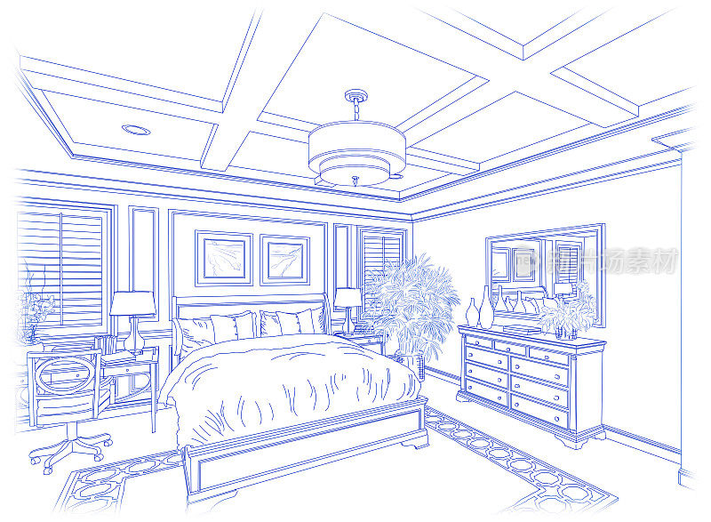 蓝色定制卧室设计图纸上的白色