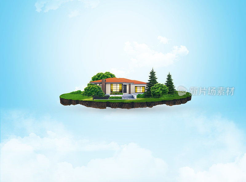 土壤切片的3d插图，在绿色草地上的房子与树木孤立的天空背景