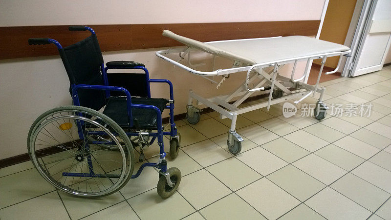 旧医疗设施里的轮椅和病床