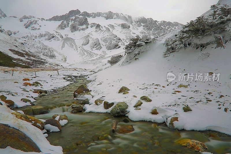 马休尔冰川和河流流水，乌斯怀亚-火地岛，阿根廷